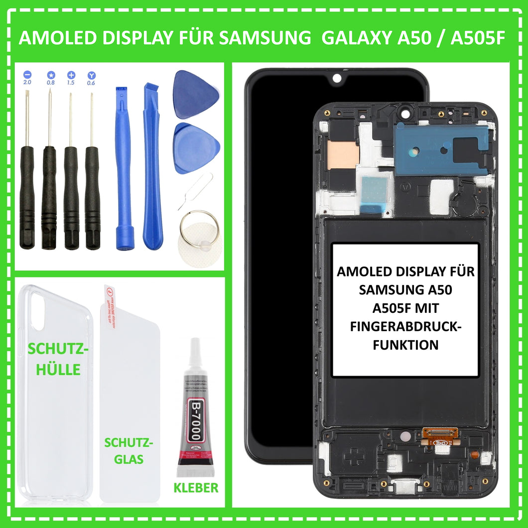 OLED Display für Samsung Galaxy A50 2019 (SM-A505F) LCD Touch Screen Glas + Rahmen